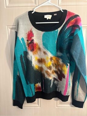 Anthropologie Multicolor Rooster Print Crewneck Sweater Women’s MEDIUM Art